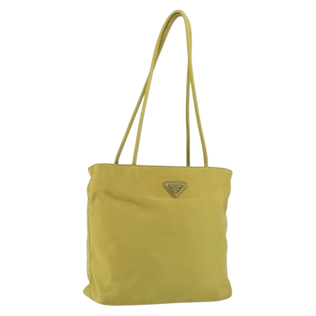 PRADA Nylon Shoulder Bag Yellow Silver Auth BA7763: PRADA Nylon Shoulder Bag Yellow Silver Auth BA7763 Discover the stylish PRADA Shoulder Bag, meticulously crafted in Italy from durable nylon. This eye-catching bag features a vibrant yellow and silver