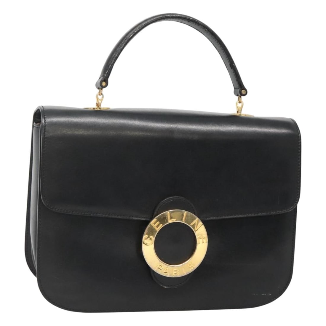 CELINE Circle Hand Bag Black Leather Gold Accents Auth KD513 (1 of 18)