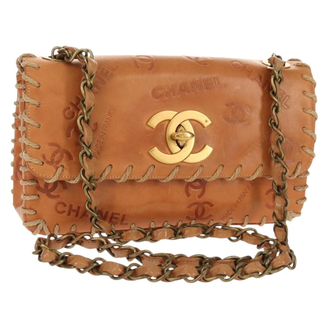 CHANEL Whipstitch COCO Mark Chain Shoulder Bag Brown Gold Leather Auth (1 of 18)