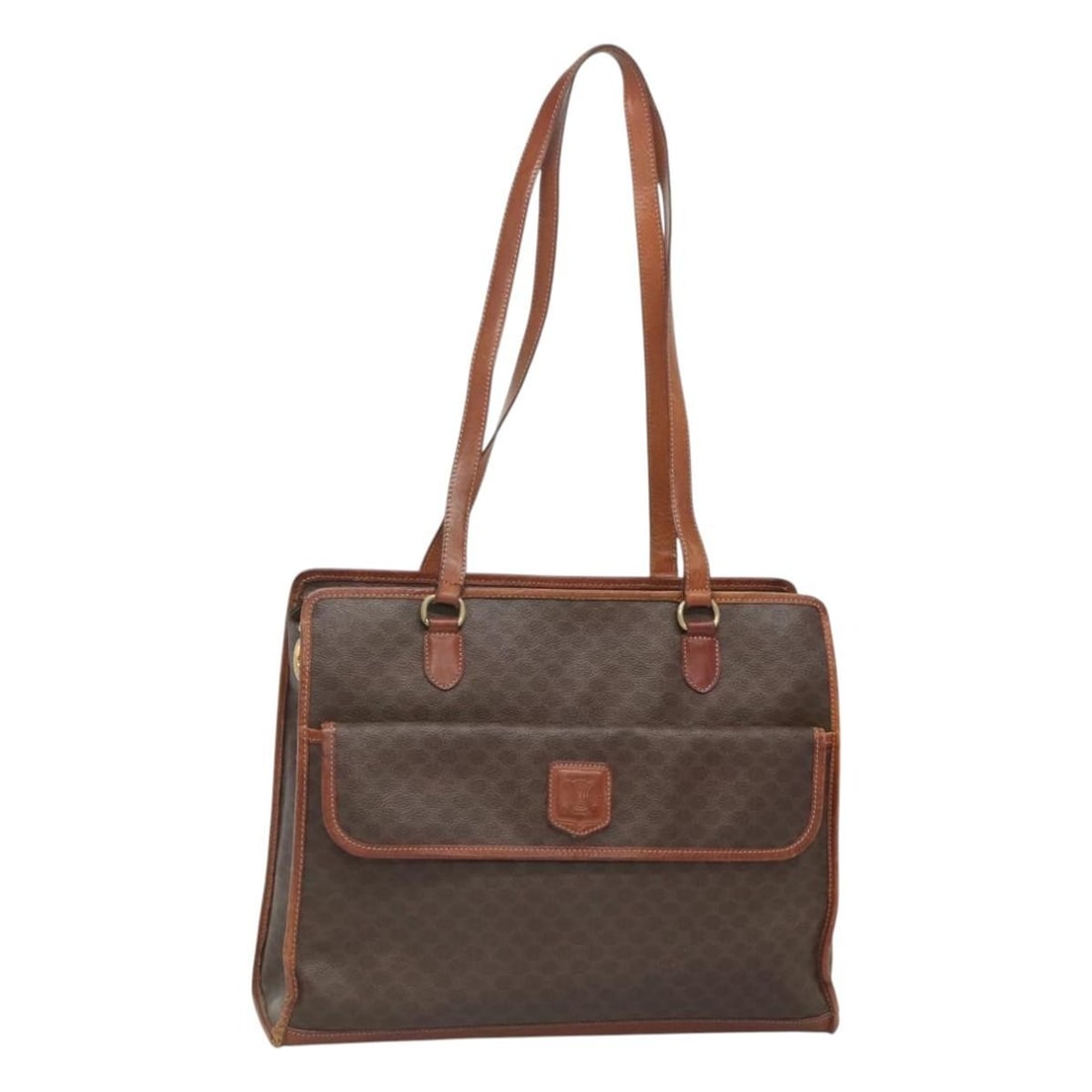 Celine Brown Macadam Canvas and PVC Leather Shoulder Bag Gold Tone Trim: Celine Brown Macadam Canvas and PVC Leather Shoulder Bag Gold Tone Trim This is a Celine Macadam shoulder bag crafted from brown and gold PVC leather and Macadam canvas. The bag features a spacious ma