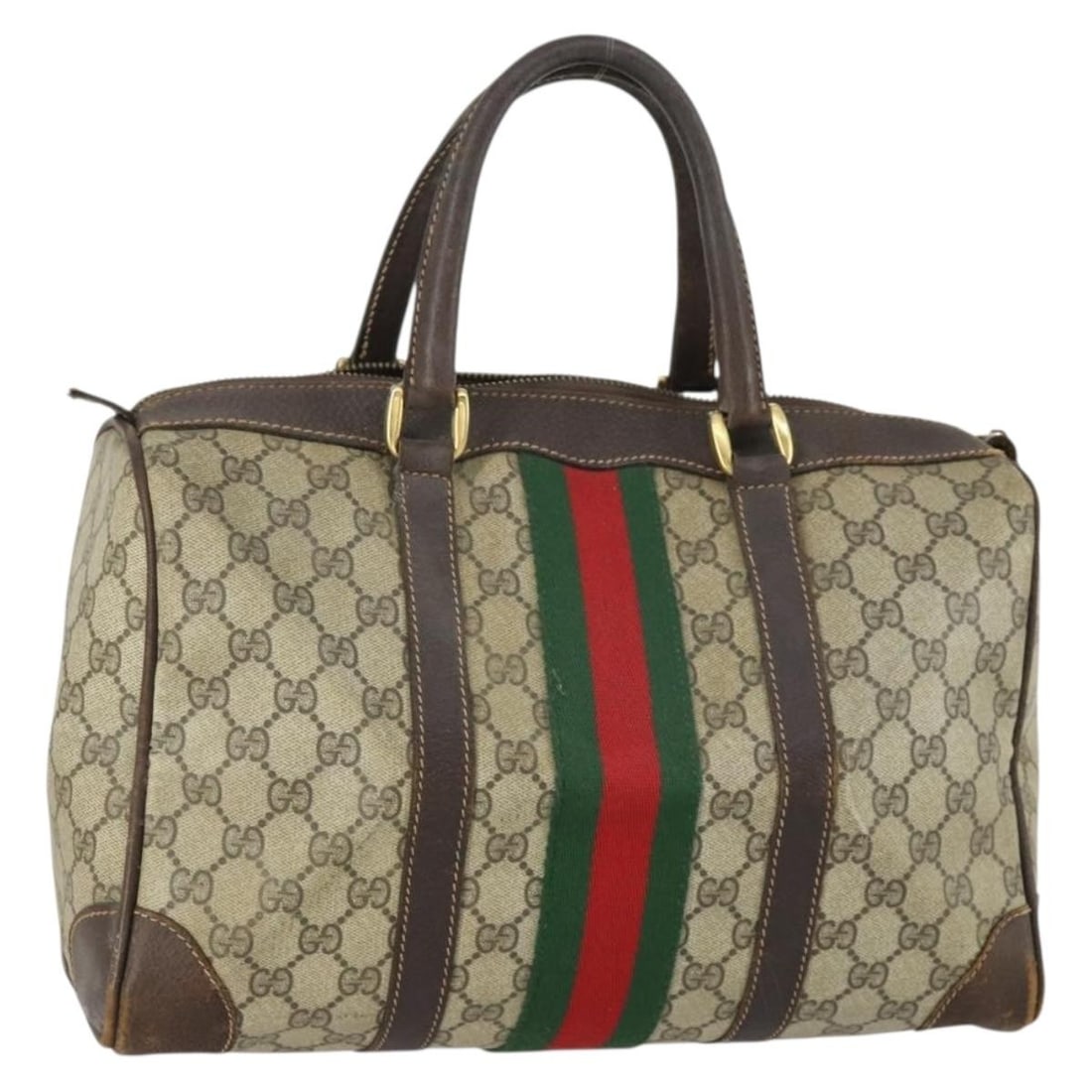 Beige GG Supreme Boston Bag by Gucci PVC Leather Sherry Line: Beige GG Supreme Boston Bag by Gucci PVC Leather Sherry Line This is a Gucci GG Supreme Web Sherry Line Boston Bag crafted from beige PVC leather and GG canvas with gold-tone accents. Made in Italy, t