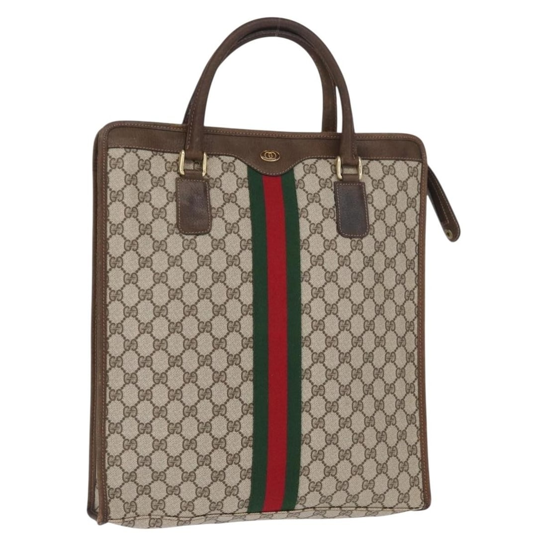 Beige PVC GG Supreme Sherry Line Tote 010 378 by Gucci: Beige PVC GG Supreme Sherry Line Tote 010 378 by Gucci This is a Gucci GG Supreme Web Sherry Line tote bag crafted from beige and gold PVC leather with GG canvas. The tote features dual handles and a