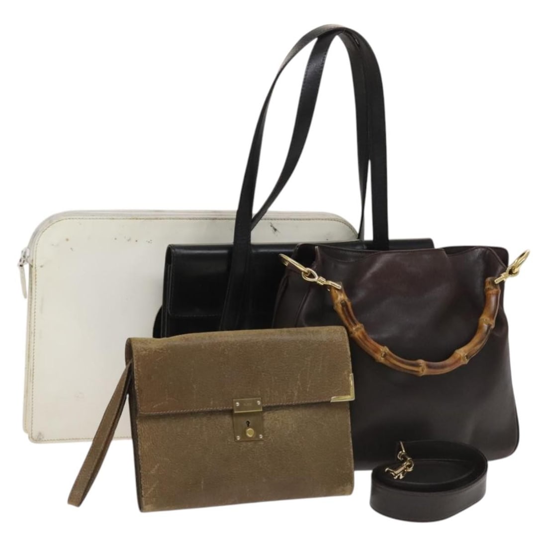 GUCCI Bamboo Nylon Hand Bag Set Black White Brown Beige Auth (1 of 18)
