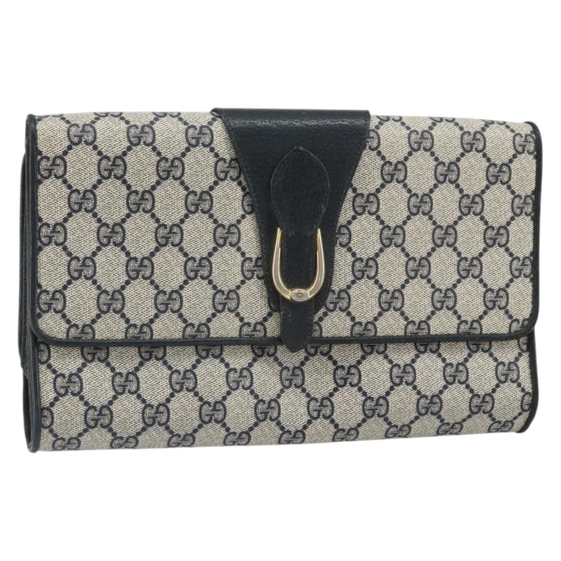 Navy and Gold GG Supreme PVC Clutch by Gucci Model 89 01 006: Navy and Gold GG Supreme PVC Clutch by Gucci Model 89 01 006 This GUCCI GG Supreme clutch bag features a navy and gold exterior crafted from PVC leather and GG canvas. Made in Italy, the bag is design