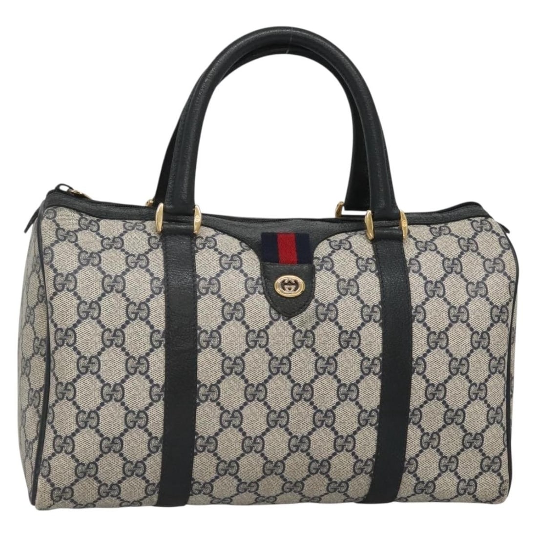 GUCCI GG Supreme Boston Bag PVC Leather Navy Gold 40 02 007 Auth (1 of 18)