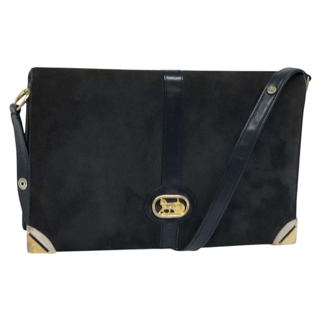 CELINE Navy Suede Shoulder Bag with Gold Accents Made in Italy: CELINE Navy Suede Shoulder Bag with Gold Accents Made in Italy Elevate your accessory collection with this authentic CELINE Shoulder Bag, expertly crafted in Italy from luxurious navy suede with gold