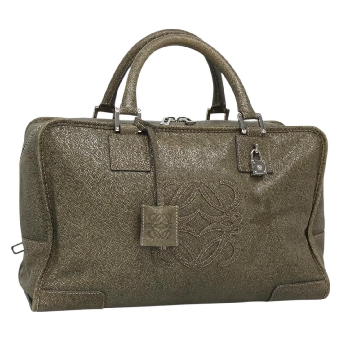LOEWE Anagram Amazona 32 Hand Bag Leather Khaki Silver Auth (1 of 18)