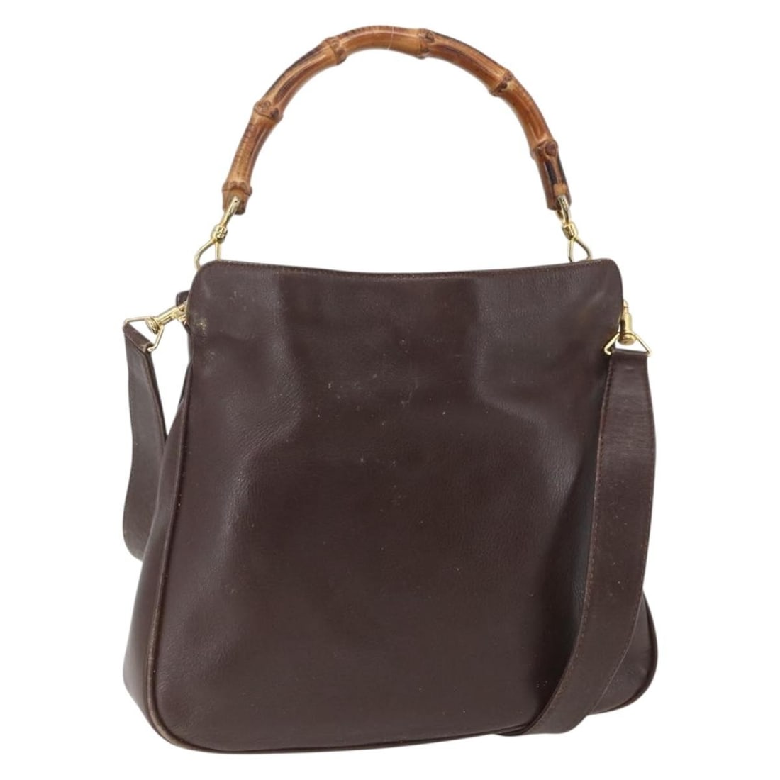 Brown Leather GUCCI Bamboo 2way Handbag with Gold Accents and Shoulder Strap: Brown Leather GUCCI Bamboo 2way Handbag with Gold Accents and Shoulder Strap This GUCCI Bamboo handbag features brown leather with gold-tone accents and offers versatile 2-way carrying options with bo