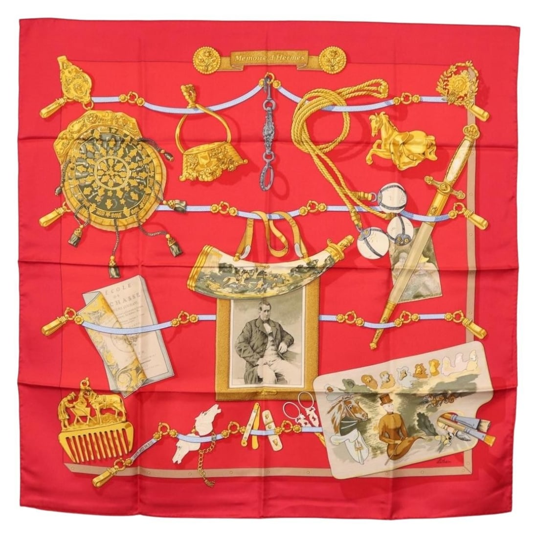 Memoire d'Hermes Silk Scarf Red 90cm Square by Hermes: Memoire d'Hermes Silk Scarf Red 90cm Square by Hermes This Hermes Carre 90 scarf, titled "Memoire d'Hermes," is crafted from luxurious red silk. Made in France, it features a generous square size, off