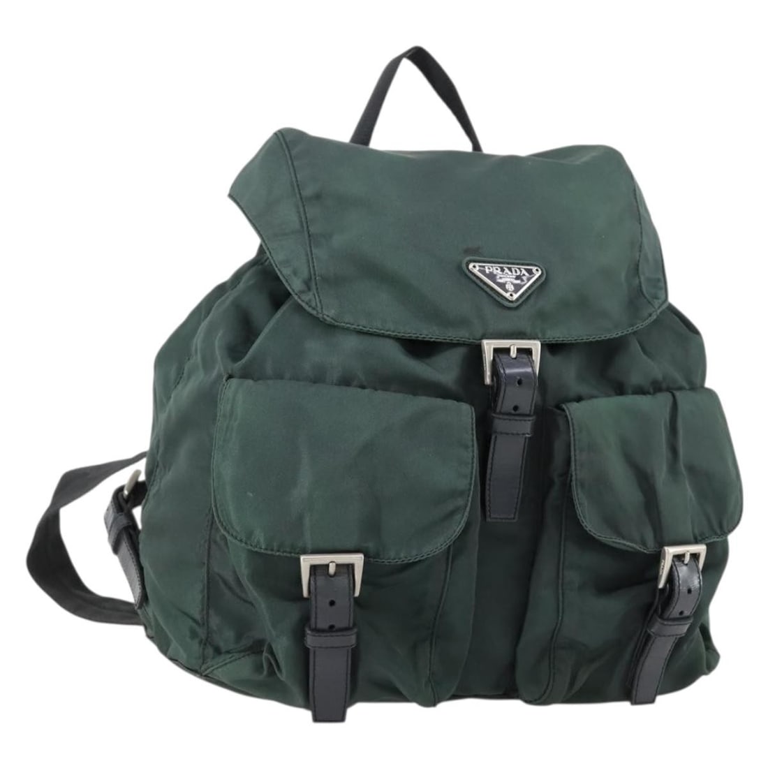 PRADA Green Silver Nylon Backpack Authentic Italy: PRADA Green Silver Nylon Backpack Authentic Italy This PRADA backpack is crafted from durable nylon in a striking green and silver color combination. Its dimensions measure approximately 11.8 inches i