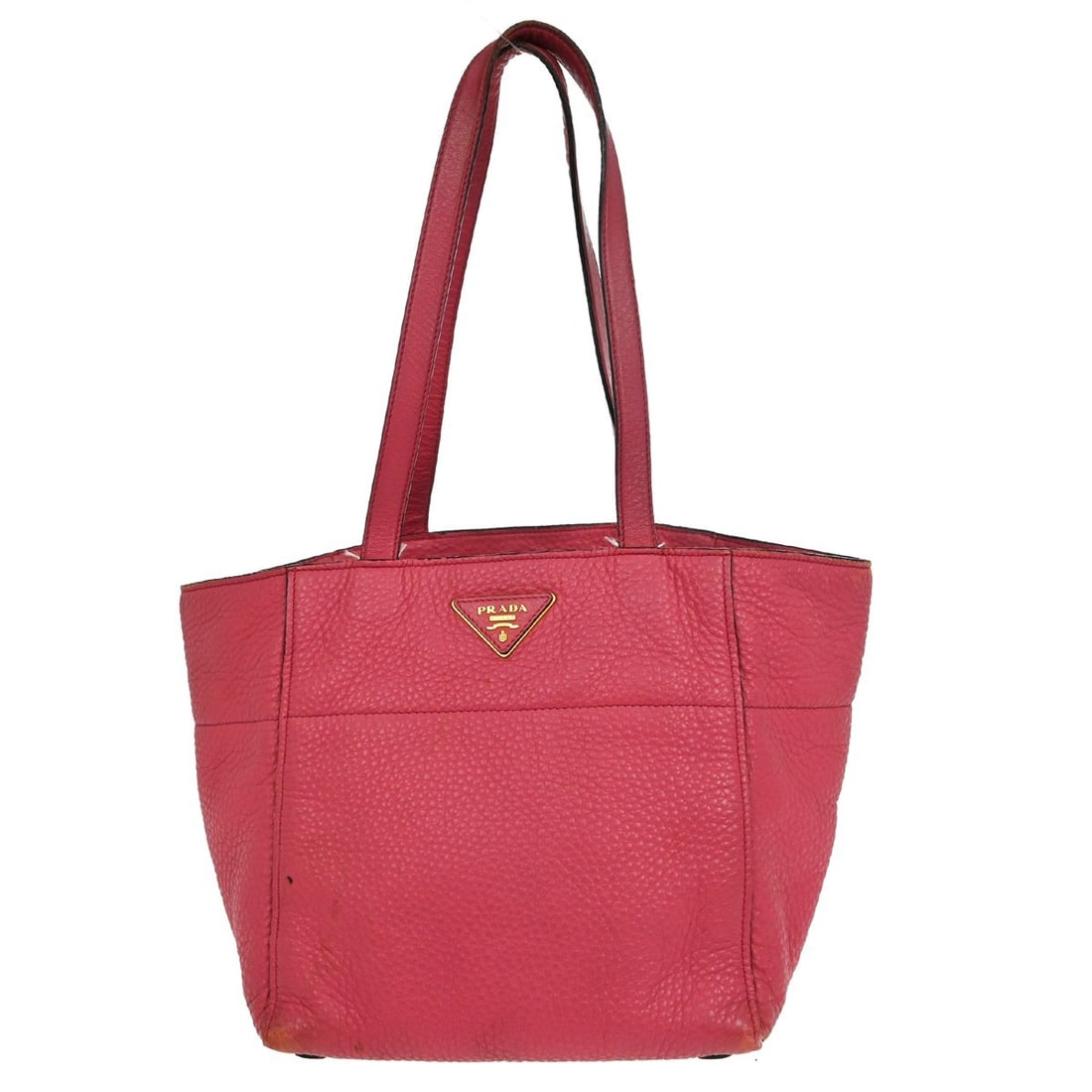 Prada Medium Pink Leather Tote Bag with Logo Accent: Prada Medium Pink Leather Tote Bag with Logo Accent This PRADA pink tote handbag features a medium-sized silhouette crafted from leather with matching leather handles and straps. The bag is accented w