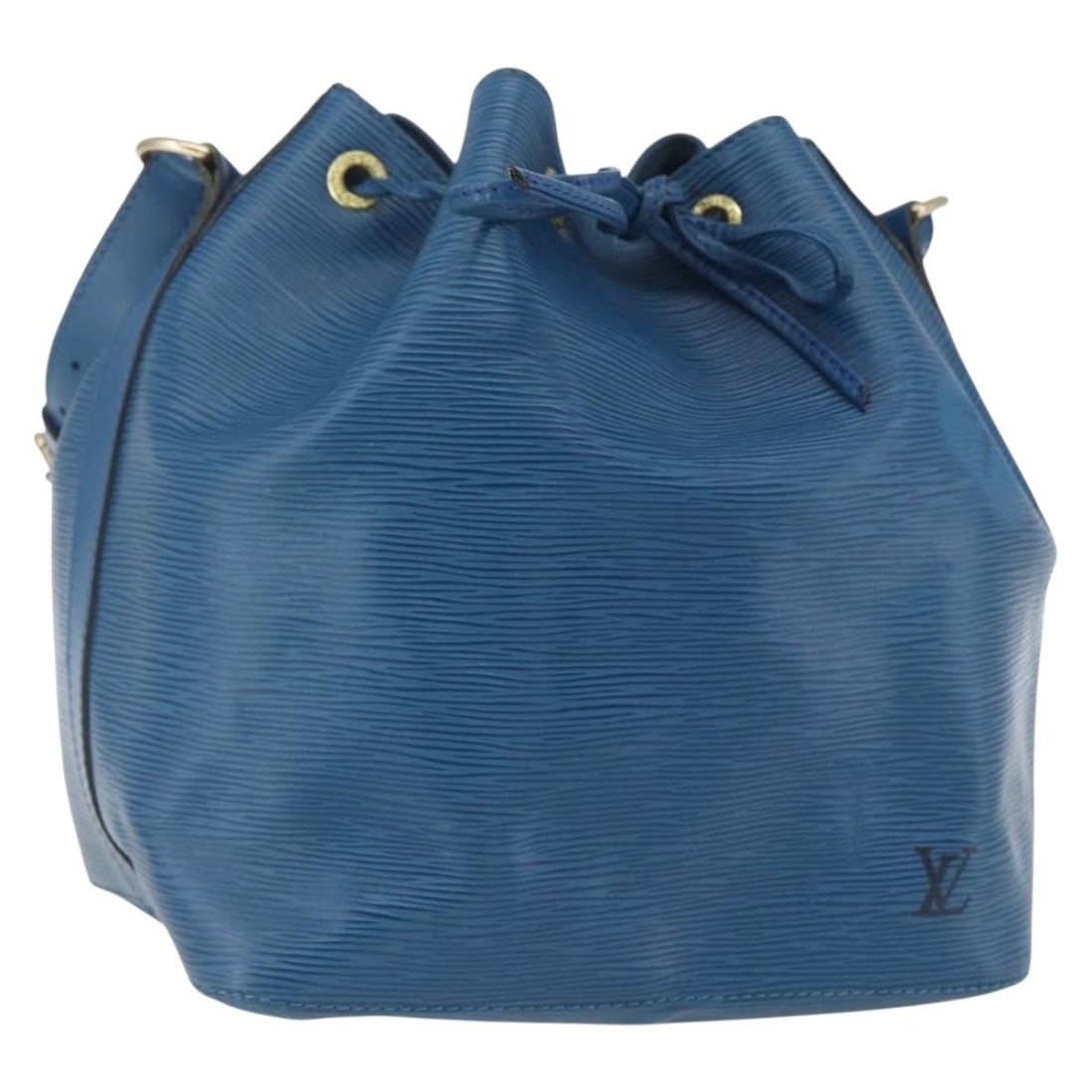 Blue Epi Leather Petit Noe Shoulder Bag by Louis Vuitton M44105: Blue Epi Leather Petit Noe Shoulder Bag by Louis Vuitton M44105 This is a Louis Vuitton Petit Noe shoulder bag crafted from blue Epi leather. The bag features an adjustable shoulder strap and drawstri