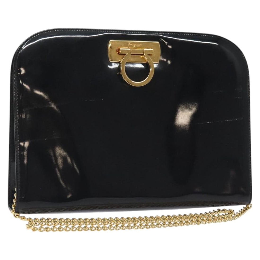 Salvatore Ferragamo Gancini Chain Shoulder Bag Patent Black Gold Made in Italy (1 of 18)