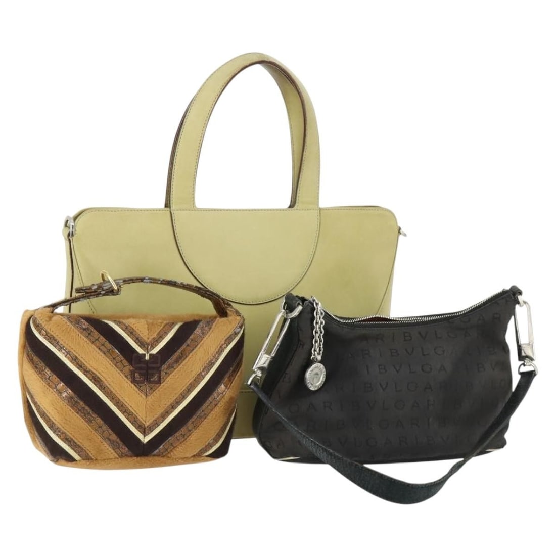 Set of 3 BVLGARI Logo Mania Canvas and Leather Shoulder Bags Black Brown: Set of 3 BVLGARI Logo Mania Canvas and Leather Shoulder Bags Black Brown This BVLGARI Logo Mania shoulder bag set features three bags crafted from leather in black, brown, and beige tones. Made in Ita