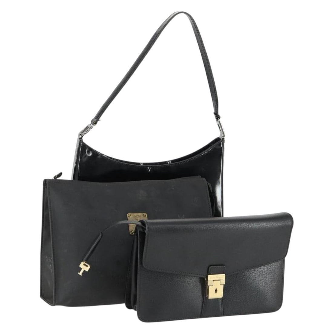 Set of 3 Salvatore Ferragamo Black PVC Leather Clutch Bags with Accessories (1 of 18)