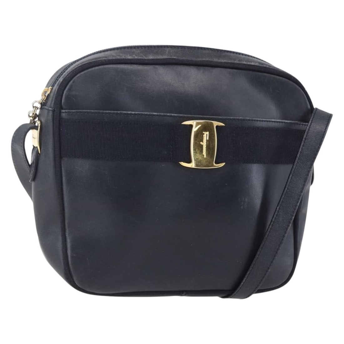 Salvatore Ferragamo Vala Navy Gold Leather Shoulder Bag Auth BA7981 (1 of 18)