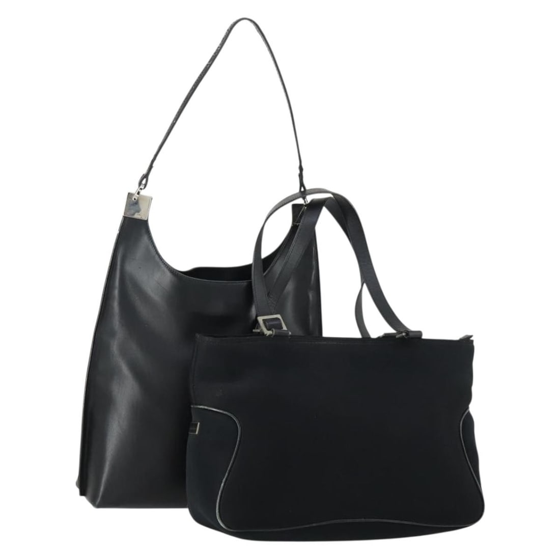 Salvatore Ferragamo Black Silver Leather Canvas Shoulder Bag Set: Salvatore Ferragamo Black Silver Leather Canvas Shoulder Bag Set This Salvatore Ferragamo shoulder bag showcases a sophisticated blend of leather and canvas in a striking black and silver color scheme