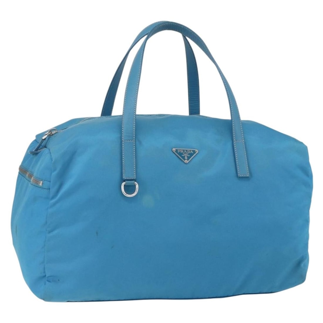 PRADA Blue Silver Nylon Boston Bag Authentic 157666: PRADA Blue Silver Nylon Boston Bag Authentic 157666 Introducing the PRADA Boston Bag, a stylish and practical accessory crafted from durable nylon in a striking blue and silver color. This bag is not