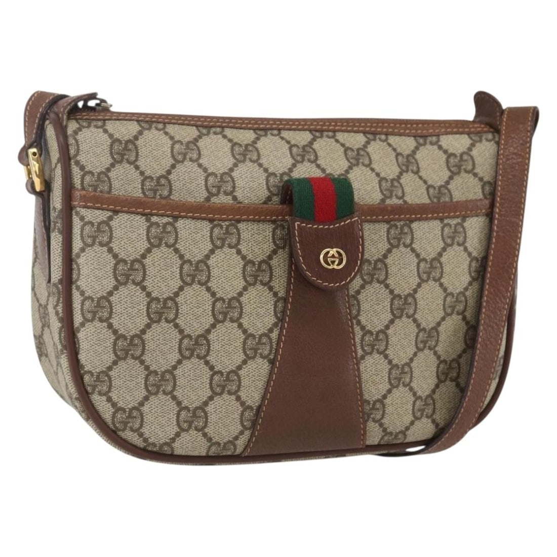 GUCCI GG Supreme Sherry Line Beige Gold PVC Shoulder Bag 001 58 6177 Auth: GUCCI GG Supreme Sherry Line Beige Gold PVC Shoulder Bag 001 58 6177 Auth This stylish Gucci GG Supreme Web Sherry Line Shoulder Bag showcases a sophisticated blend of PVC leather and GG canvas in a c