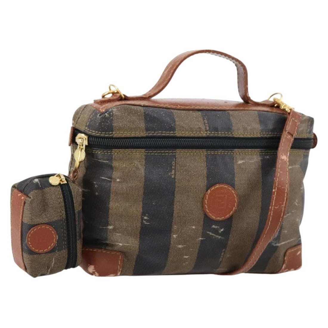 FENDI Pecan Hand Bag PVC Leather Black Brown Authentic 2way: FENDI Pecan Hand Bag PVC Leather Black Brown Authentic 2way This authentic Fendi hand bag combines style and functionality, crafted in Italy from premium PVC leather and Pequin canvas. The elegant bla