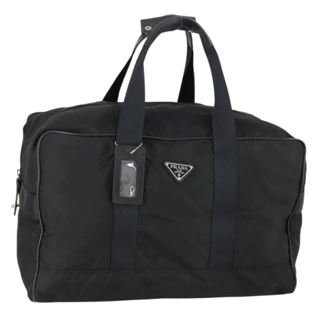 Black Nylon Boston Bag by PRADA with Silver Accents and Name Tag: Black Nylon Boston Bag by PRADA with Silver Accents and Name Tag This PRADA Boston Bag features a classic black nylon exterior with silver-tone accents. Designed in Italy, it offers a spacious main co