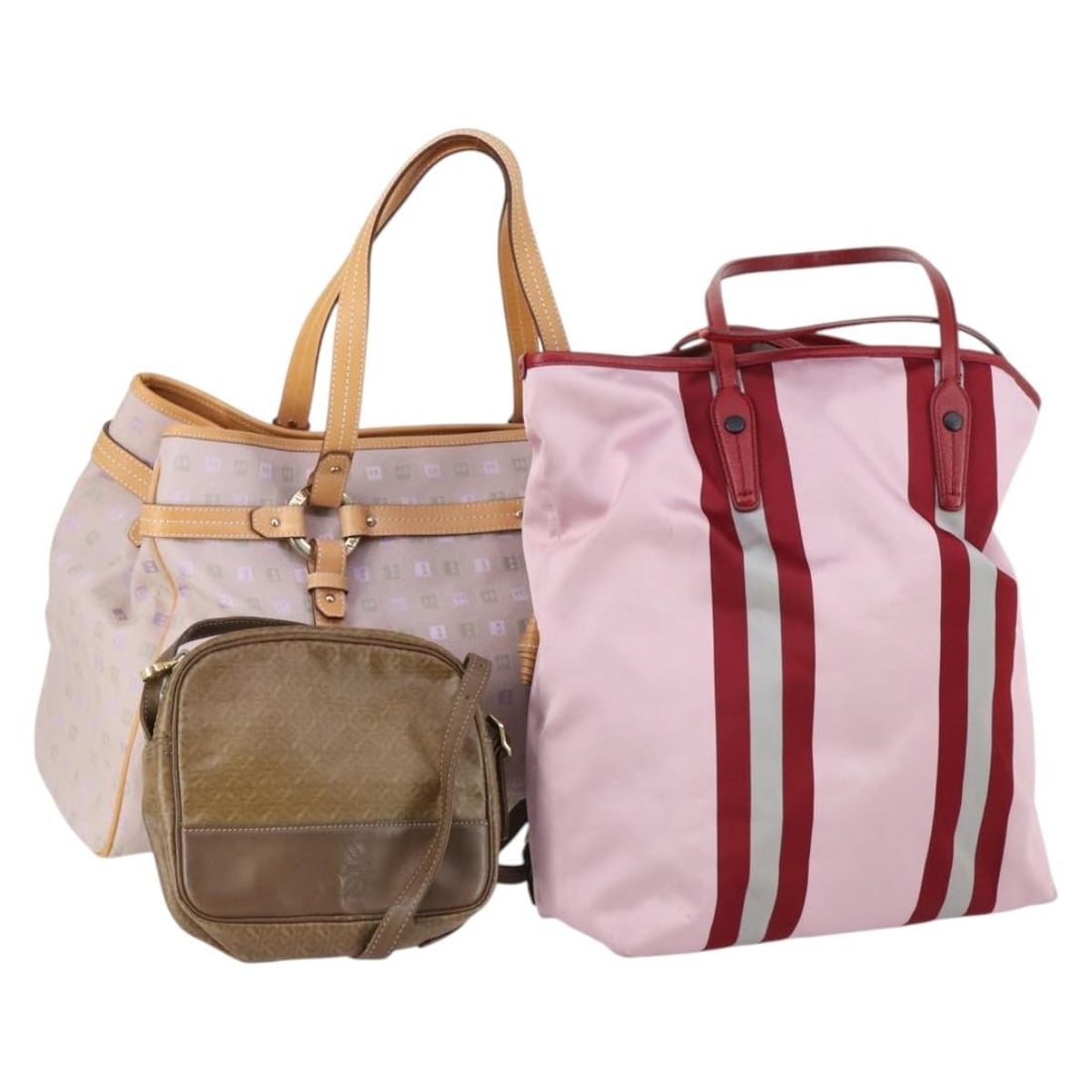BALLY Loewe 3-Piece Shoulder Bag Set Pink Brown Canvas Authentic: BALLY Loewe 3-Piece Shoulder Bag Set Pink Brown Canvas Authentic This BALLY shoulder bag set combines style and functionality with its unique pink and brown canvas exterior. Designed for everyday use,
