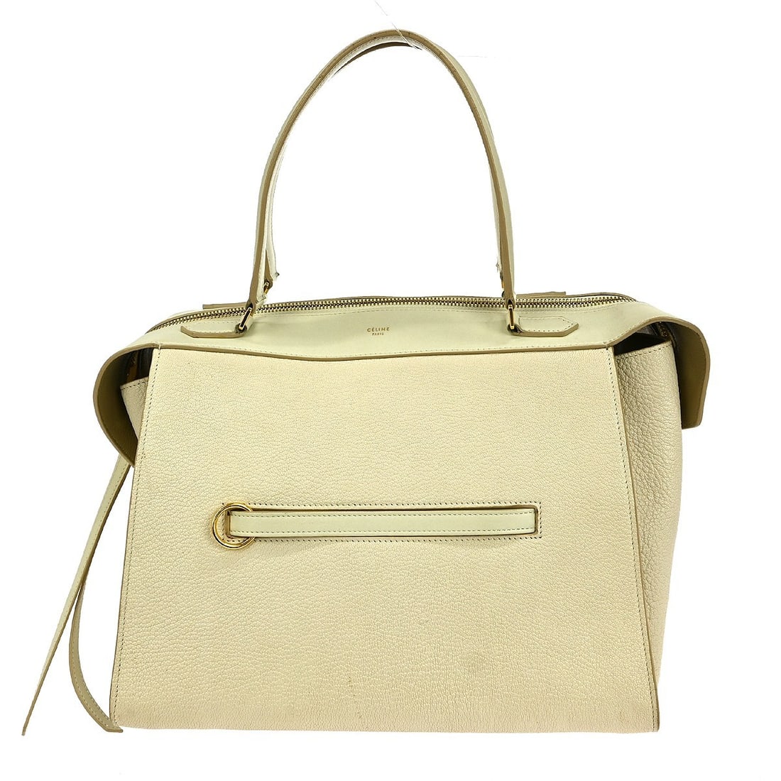 Small Ivory Leather Handbag by CELINE with Double Handles: Small Ivory Leather Handbag by CELINE with Double Handles This Celine ivory ring small handbag features a medium-sized silhouette with double handles and a zip closure. Crafted from leather with a lea