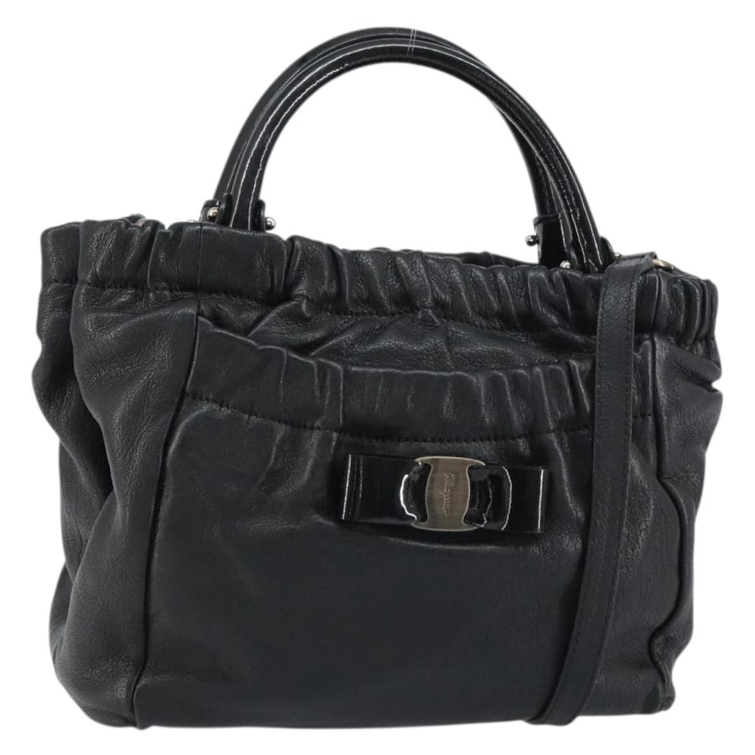 Black Salvatore Ferragamo Vala Leather Convertible Handbag with Shoulder Strap: Black Salvatore Ferragamo Vala Leather Convertible Handbag with Shoulder Strap This Salvatore Ferragamo Vala 2-way handbag is crafted from black leather and can be carried by hand or worn with the det