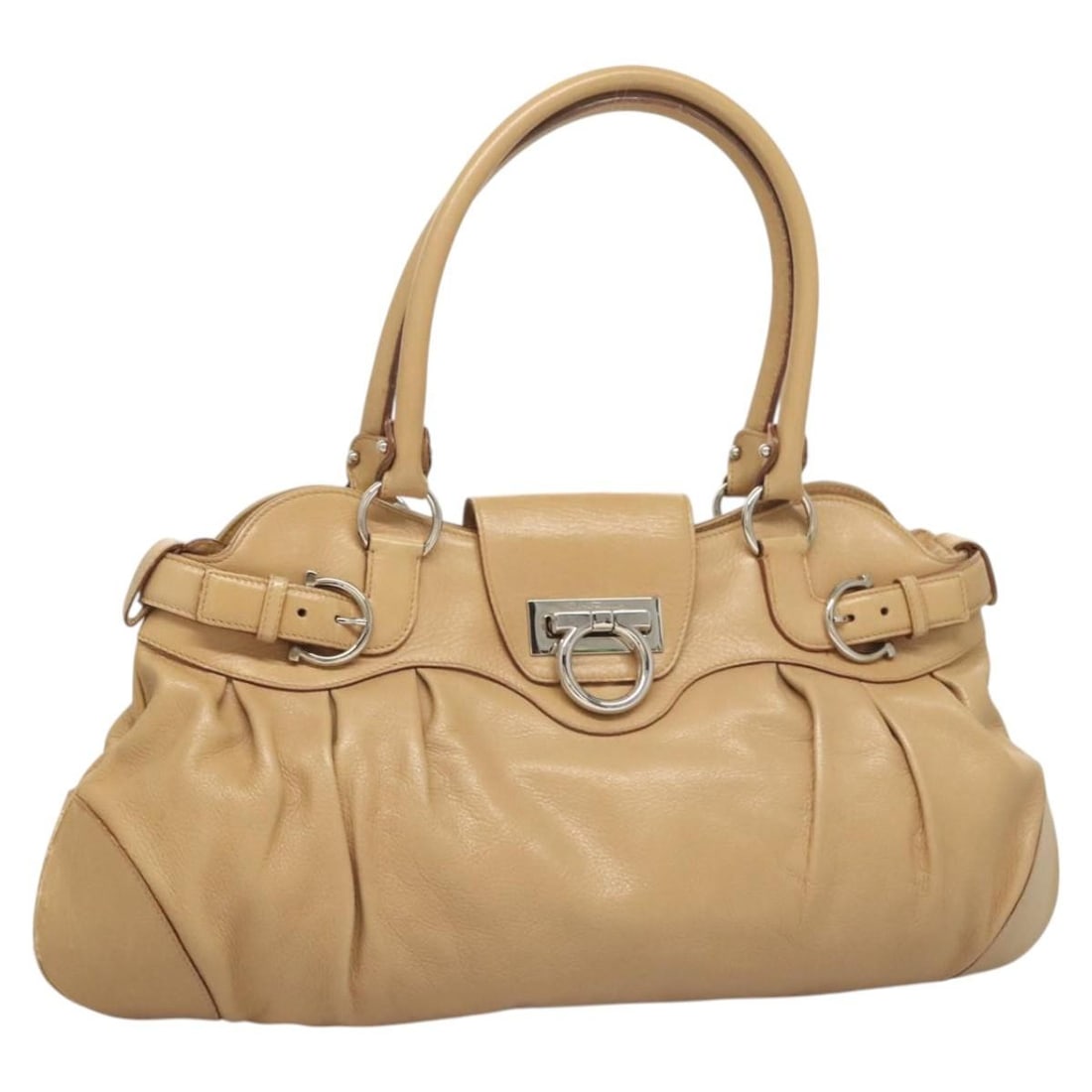 Beige Leather Gancini Handbag by Salvatore Ferragamo Silver Accents (1 of 18)
