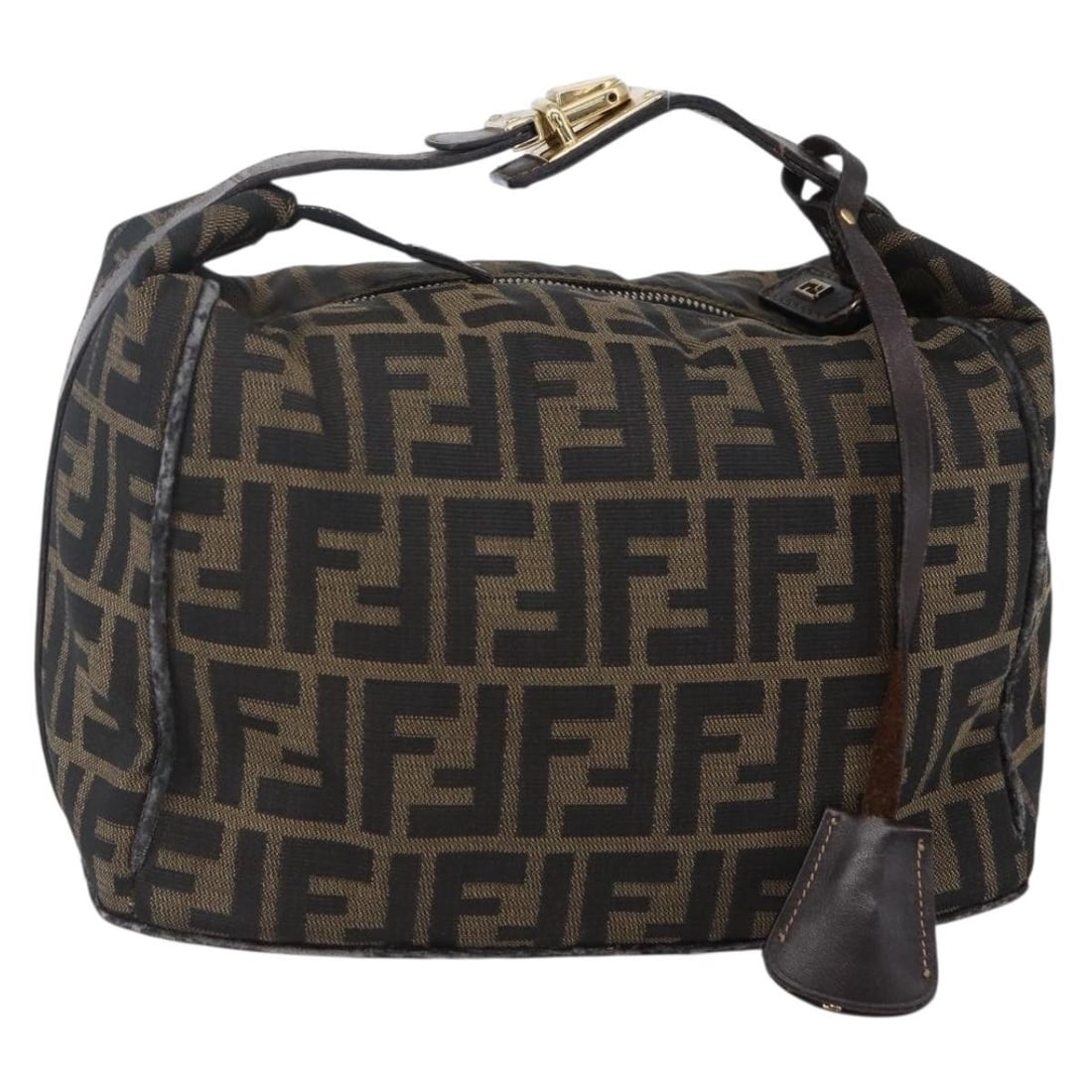 FENDI Zucca Canvas Vanity Hand Bag Black Brown Italy Auth 150076: FENDI Zucca Canvas Vanity Hand Bag Black Brown Italy Auth 150076 This FENDI Zucca Canvas Vanity Hand Bag showcases a chic blend of black and brown colors, crafted from durable Zucca canvas. Measuring