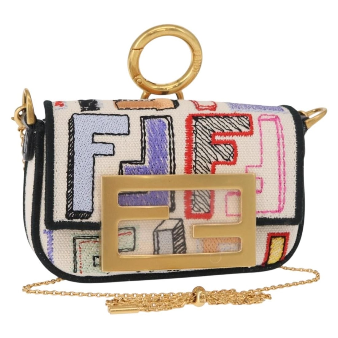 FENDI Multicolor Gold Zucca Canvas Nano Baguette Pouch Auth 152293SAM: FENDI Multicolor Gold Zucca Canvas Nano Baguette Pouch Auth 152293SAM This FENDI Nano Baguette Pouch is a chic and stylish accessory, crafted from signature Zucca Canvas with a striking multicolor and