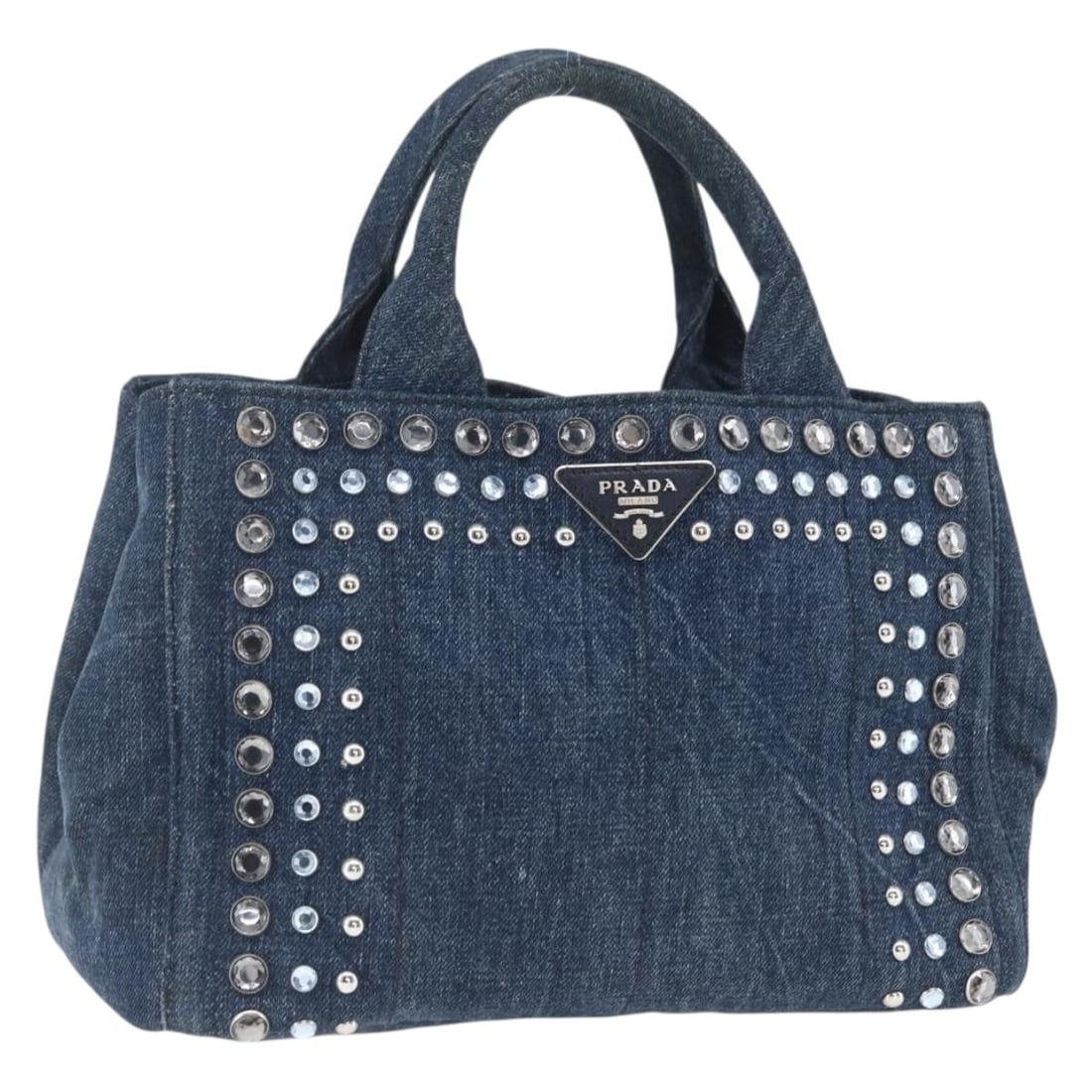 Prada Bijoux Canapa PM Canvas Handbag in Blue and Silver: Prada Bijoux Canapa PM Canvas Handbag in Blue and Silver This PRADA Bijoux Canapa PM hand bag features a denim blue and silver canvas exterior with silver-tone hardware. The bag is designed with dual