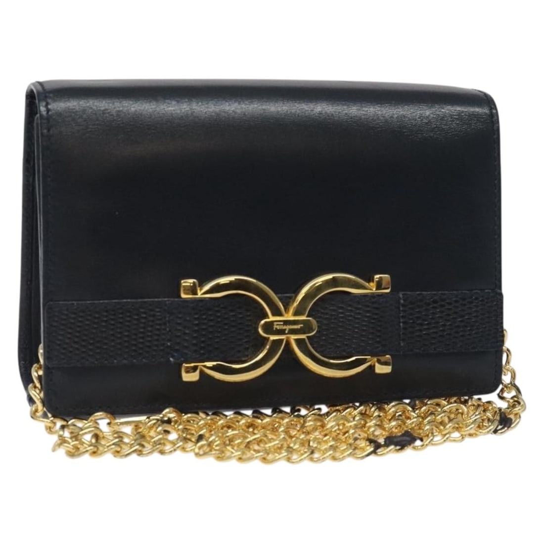 Salvatore Ferragamo Gancini Chain Shoulder Bag Leather Navy Gold Made in Italy (1 of 18)