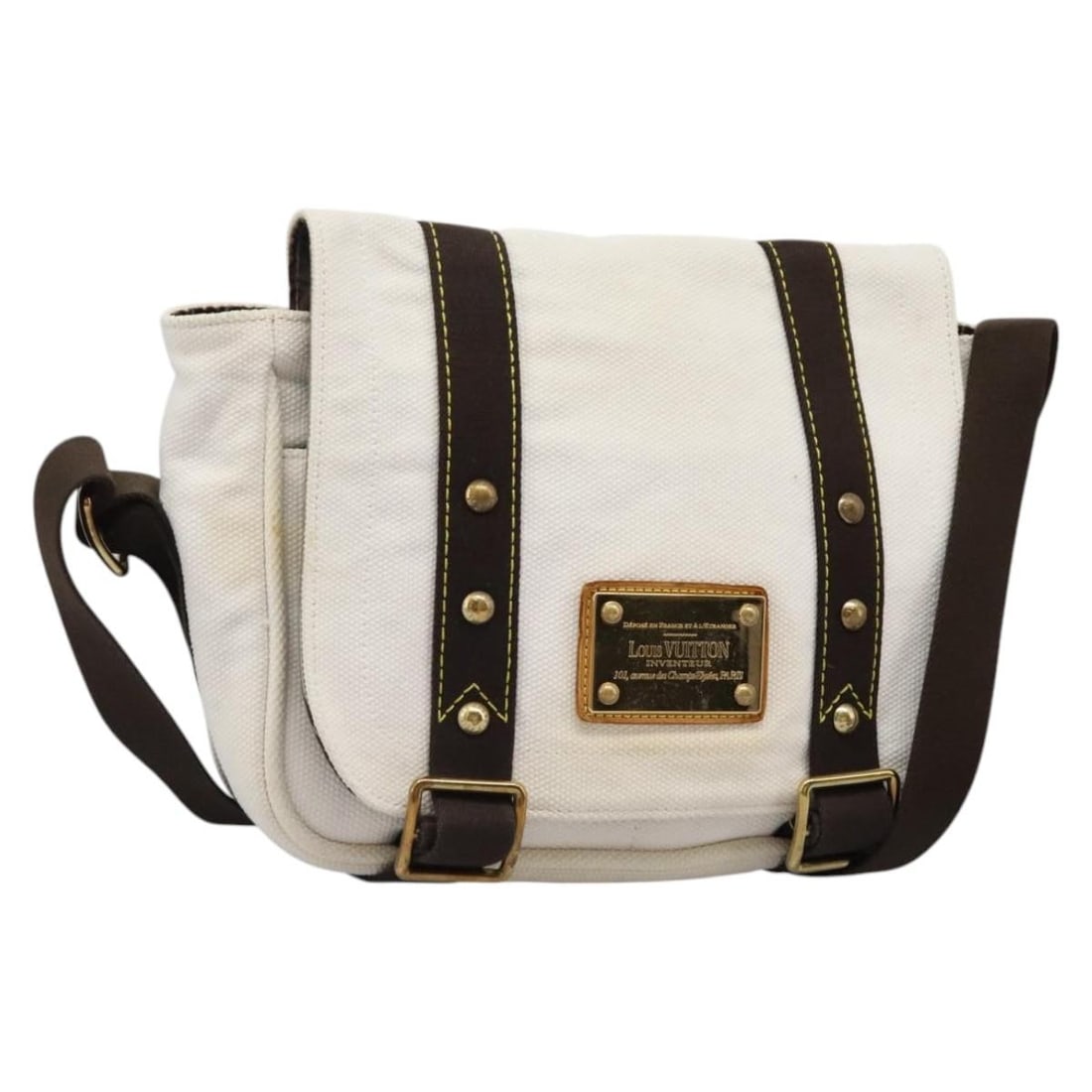 LOUIS VUITTON Antigua Buzas PM Canvas Shoulder Bag White Brown M40042 Auth (1 of 18)