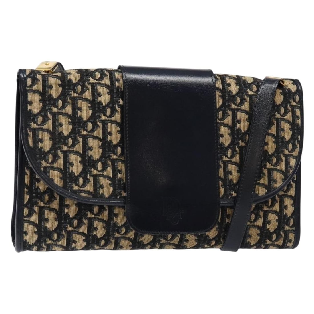 Navy Trotter Canvas Shoulder Bag by Christian Dior with Gold Accents: Navy Trotter Canvas Shoulder Bag by Christian Dior with Gold Accents This Christian Dior Trotter Canvas shoulder bag features a navy and gold color scheme with the signature Trotter canvas exterior. T