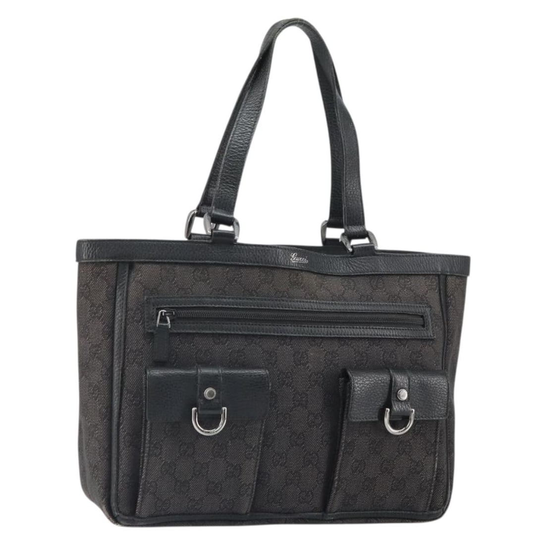 Black GG Canvas Gucci Handbag with Silver Accents Style 268639: Black GG Canvas Gucci Handbag with Silver Accents Style 268639 This GUCCI hand bag features the signature GG canvas in black and silver tones. Made in Italy, it is designed with a spacious interior an