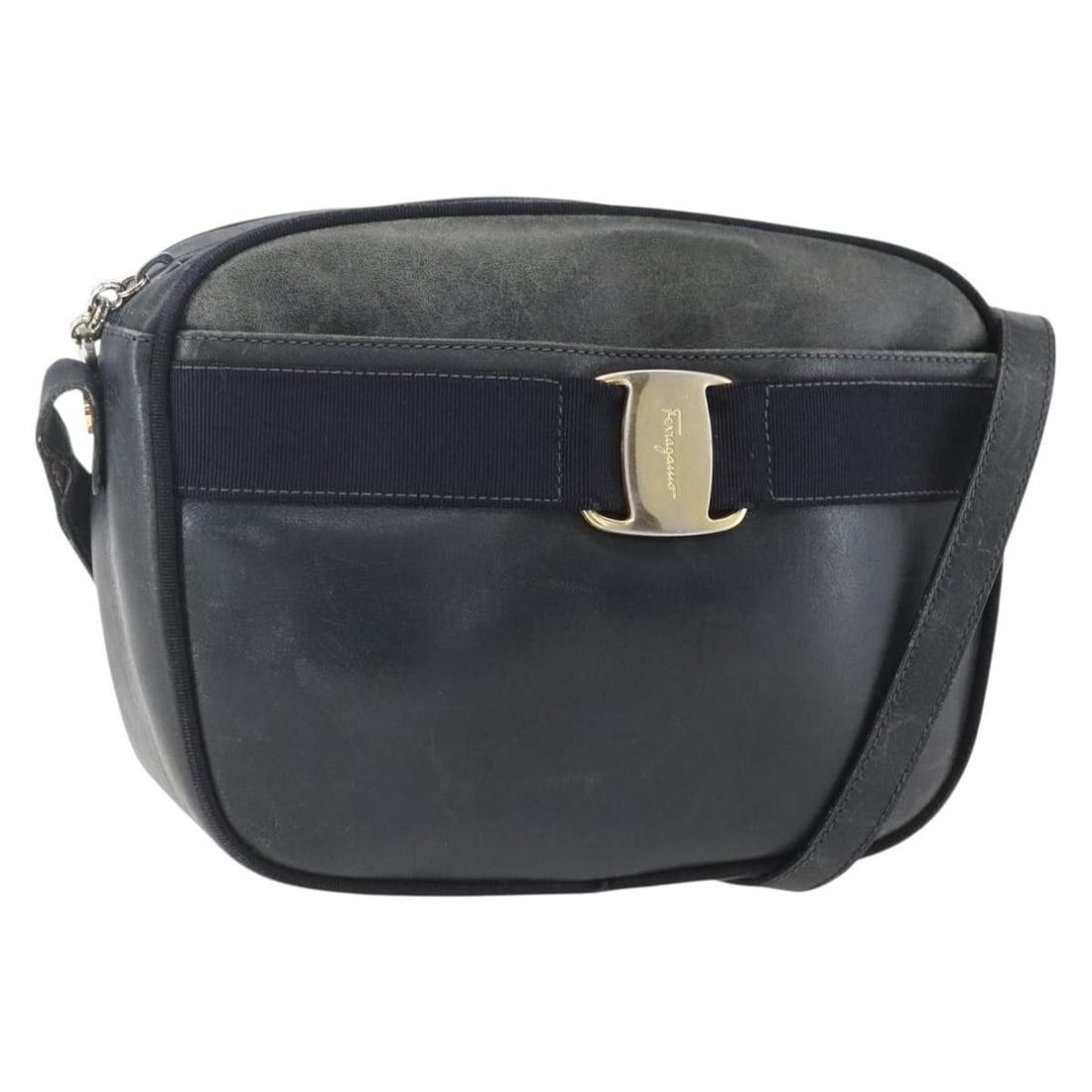 Salvatore Ferragamo Vala Navy Gold Leather Shoulder Bag Auth BA214183 (1 of 18)