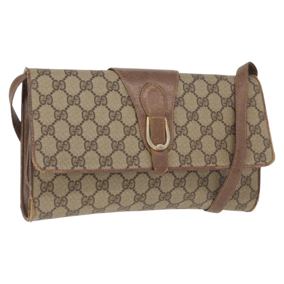 Beige Gold GG Supreme Shoulder Bag by Gucci PVC Leather Italy: Beige Gold GG Supreme Shoulder Bag by Gucci PVC Leather Italy This is a Gucci GG Supreme shoulder bag crafted from PVC leather and GG canvas in beige and gold tones. Made in Italy, the bag features a