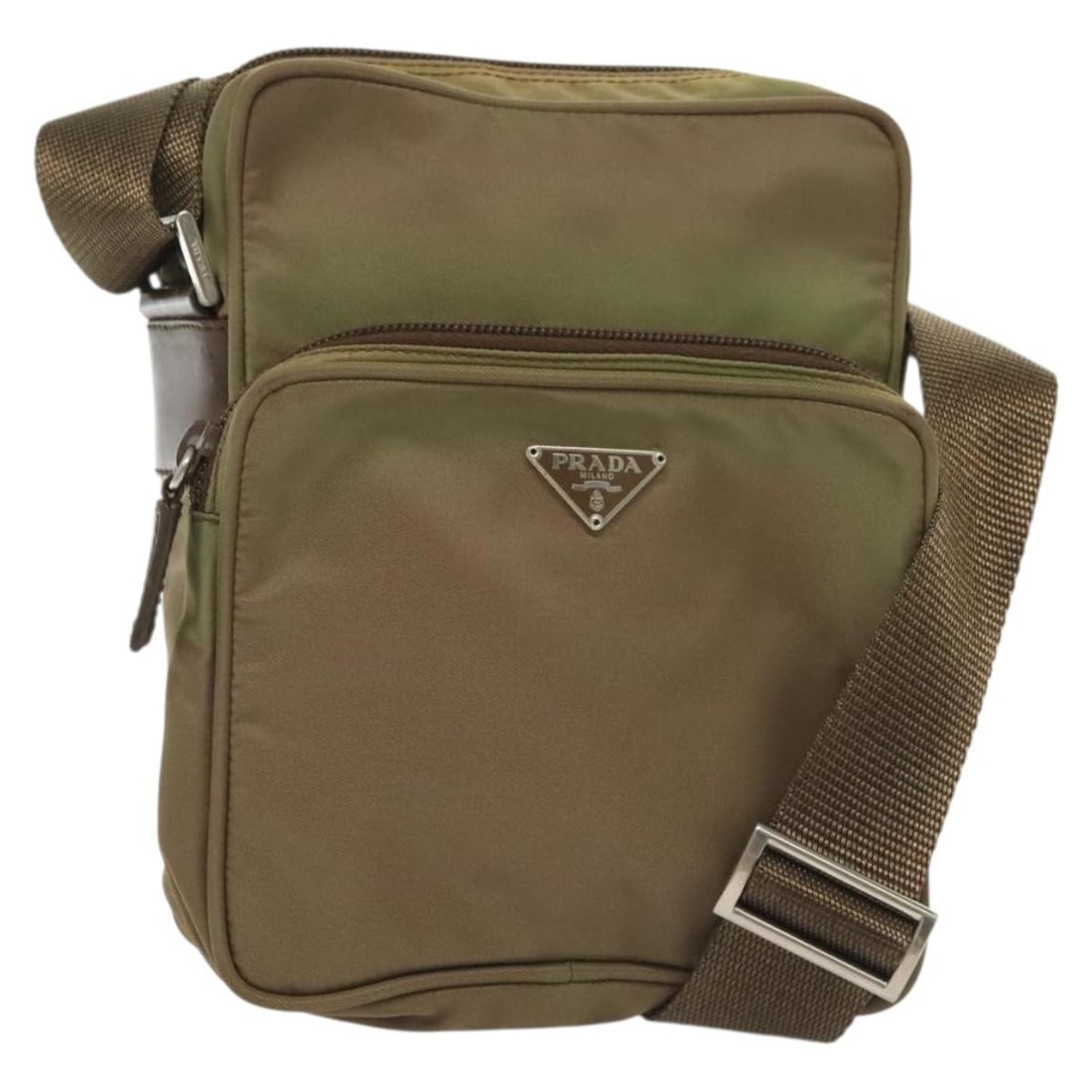 PRADA Khaki Silver Nylon Shoulder Bag Authentic Made in Italy: PRADA Khaki Silver Nylon Shoulder Bag Authentic Made in Italy Elevate your style with this authentic PRADA Shoulder Bag, crafted from durable nylon in a chic khaki and silver color scheme. This functi