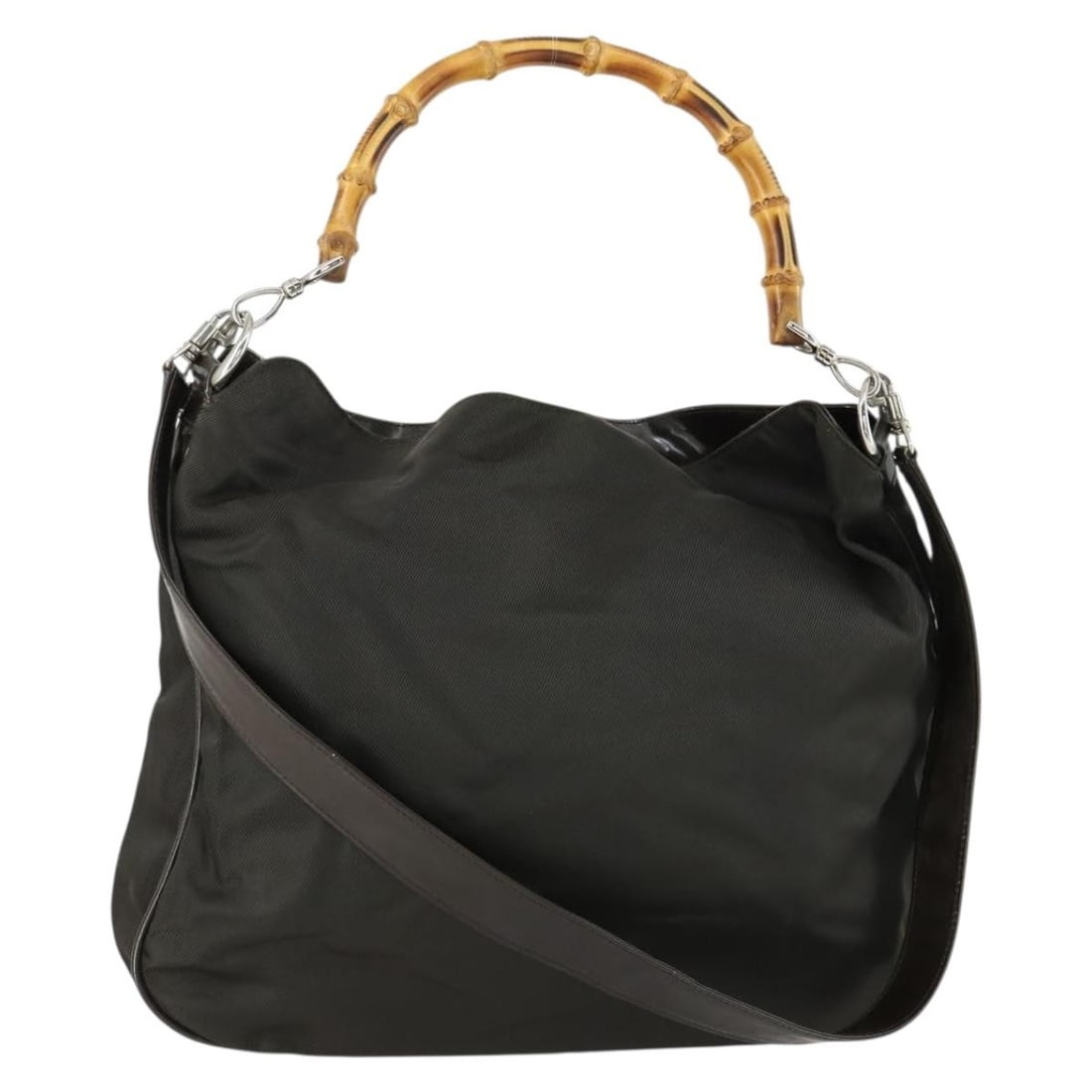 Brown Nylon GUCCI Bamboo 2way Handbag with Silver Accents and Shoulder Strap: Brown Nylon GUCCI Bamboo 2way Handbag with Silver Accents and Shoulder Strap This is a Gucci bamboo hand bag featuring a 2-way design crafted from brown nylon with silver-tone accents. The bag include
