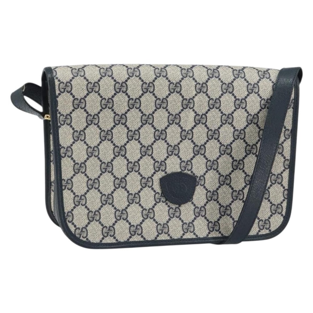 Gucci GG Supreme Navy PVC Shoulder Bag with Gold Accents 001 116 0847: Gucci GG Supreme Navy PVC Shoulder Bag with Gold Accents 001 116 0847 This is a GUCCI GG Supreme shoulder bag crafted from PVC leather and GG canvas in navy and gold tones. Made in Italy, the bag feat