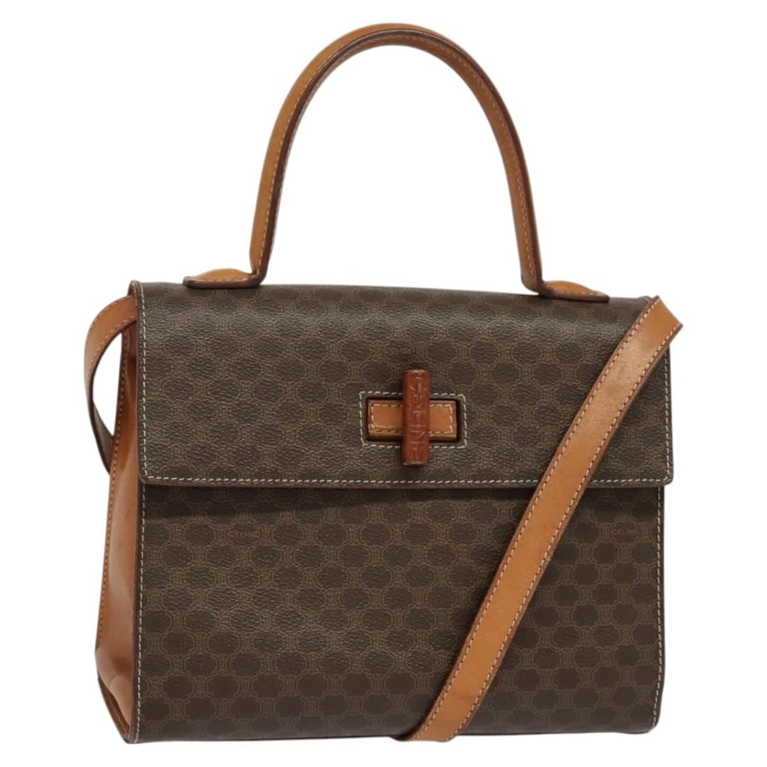 CELINE Macadam Canvas Hand Bag PVC Leather Brown Gold 2-Way Made in Italy: CELINE Macadam Canvas Hand Bag PVC Leather Brown Gold 2-Way Made in Italy This Celine Macadam Canvas Hand Bag combines luxury and functionality, featuring a sophisticated blend of PVC leather and Maca