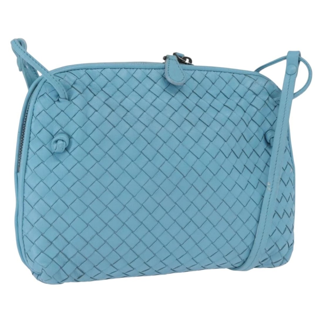 Light Blue Bottega Veneta Intrecciato Leather Shoulder Bag: Light Blue Bottega Veneta Intrecciato Leather Shoulder Bag This Bottega Veneta Intrecciato shoulder bag features light blue leather exterior and a classic woven design. The bag is made in Italy and ha