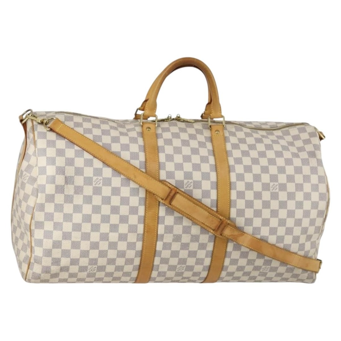 LOUIS VUITTON Damier Azur Keepall Bandouliere 55 Boston Bag N41429 Authentic: LOUIS VUITTON Damier Azur Keepall Bandouliere 55 Boston Bag N41429 Authentic The LOUIS VUITTON Damier Azur Keepall Bandouliere 55 Boston Bag is a stylish and practical travel companion. Crafted in Fra