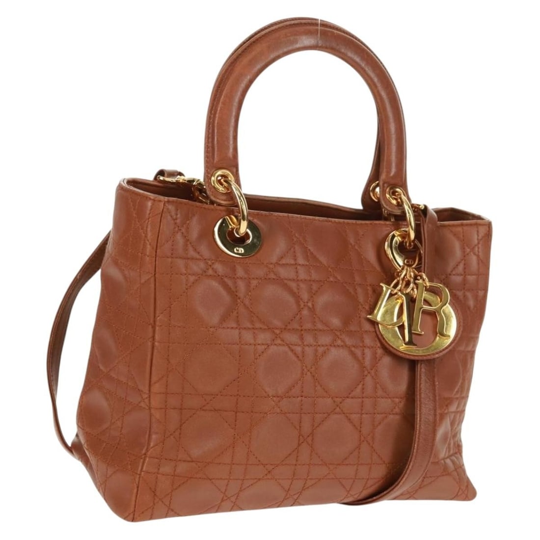 Brown Leather Lady Dior Two-Way Handbag with Gold Accents and Strap: Brown Leather Lady Dior Two-Way Handbag with Gold Accents and Strap This Christian Dior Lady Dior Canage 2-way handbag features brown leather with gold-tone accents. Designed for versatile use, it inc