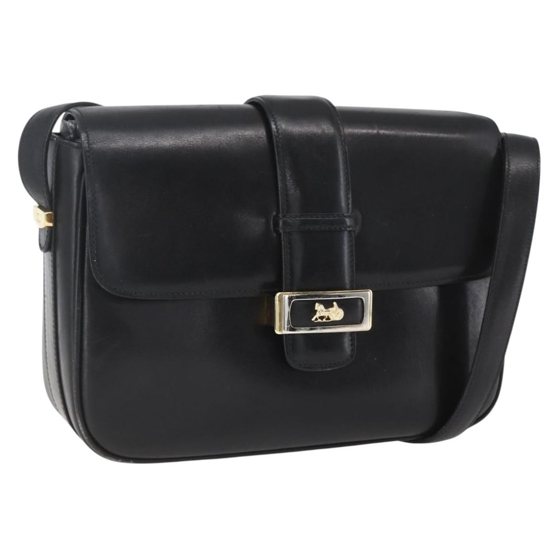 Celine Black Leather Horse Carriage Shoulder Bag Gold Accents Italy: Celine Black Leather Horse Carriage Shoulder Bag Gold Accents Italy This CELINE Horse Carriage shoulder bag features black leather with gold-tone accents. Designed with a classic silhouette, it includ