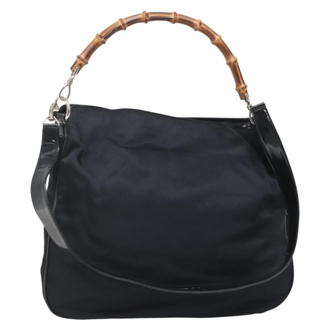GUCCI Bamboo Nylon Hand Bag Black Silver 001 1705 1577 Authentic: GUCCI Bamboo Nylon Hand Bag Black Silver 001 1705 1577 Authentic This authentic GUCCI Bamboo Hand Bag showcases an elegant design crafted from durable nylon, featuring a sophisticated black and silver