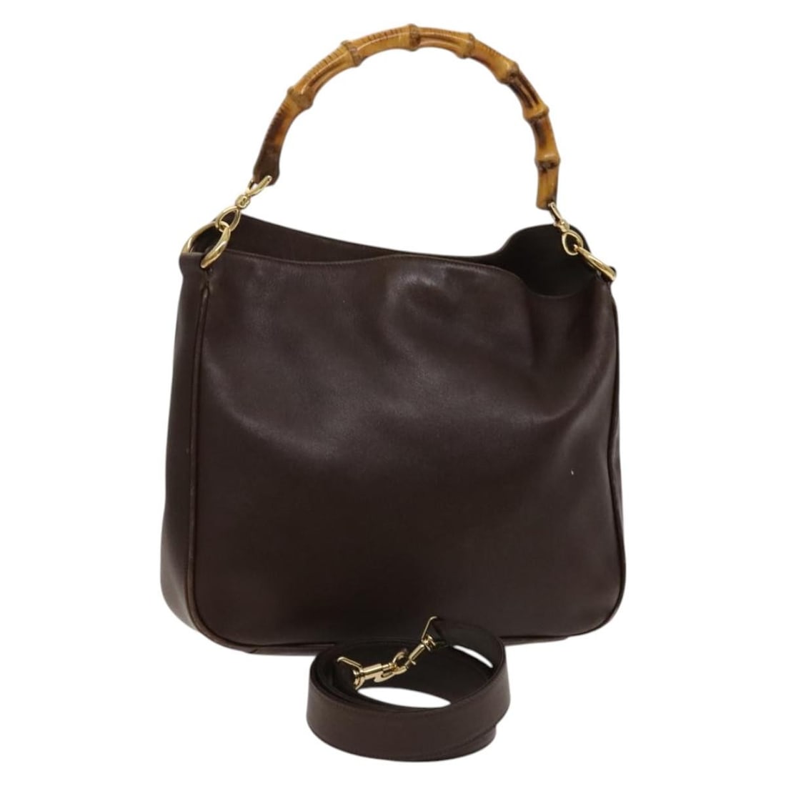 Brown Leather Gucci Bamboo Shoulder and Handbag with Gold Tone Hardware: Brown Leather Gucci Bamboo Shoulder and Handbag with Gold Tone Hardware This is a Gucci Bamboo 2-way handbag crafted from brown and gold leather. The bag features a top handle and a detachable shoulde