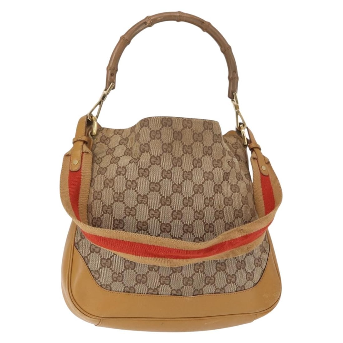 Beige Gold GG Canvas Bamboo 2way Shoulder Bag by Gucci 001 4095: Beige Gold GG Canvas Bamboo 2way Shoulder Bag by Gucci 001 4095 This Gucci GG Canvas Bamboo Shoulder Bag features a versatile 2-way design in beige and gold GG canvas. The bag offers both shoulder and