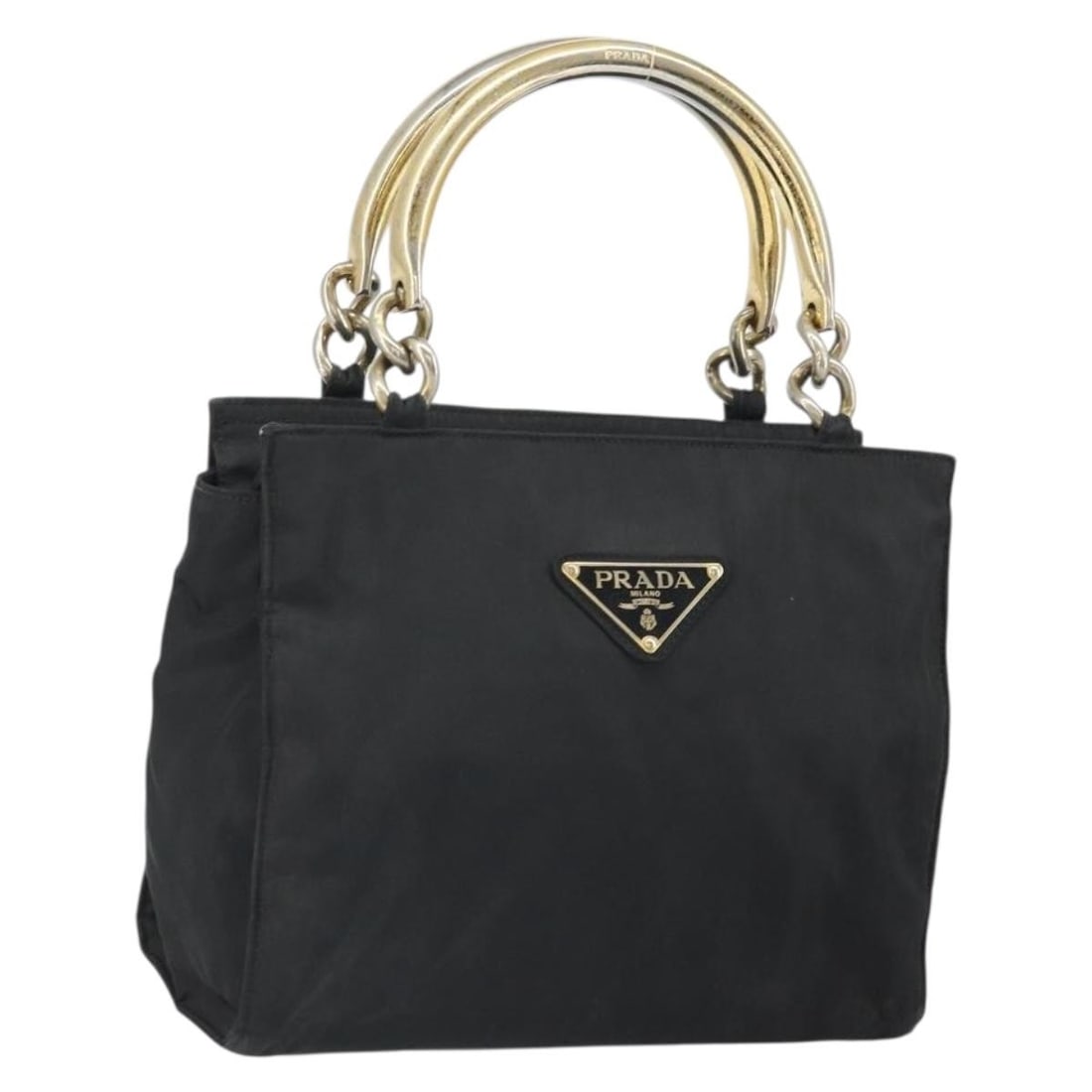 Black and Gold Prada Nylon Handbag with Metal Accents: Black and Gold Prada Nylon Handbag with Metal Accents This PRADA handbag is crafted from black nylon with gold-tone metal accents. Made in Italy, it features a structured silhouette with a top handle.